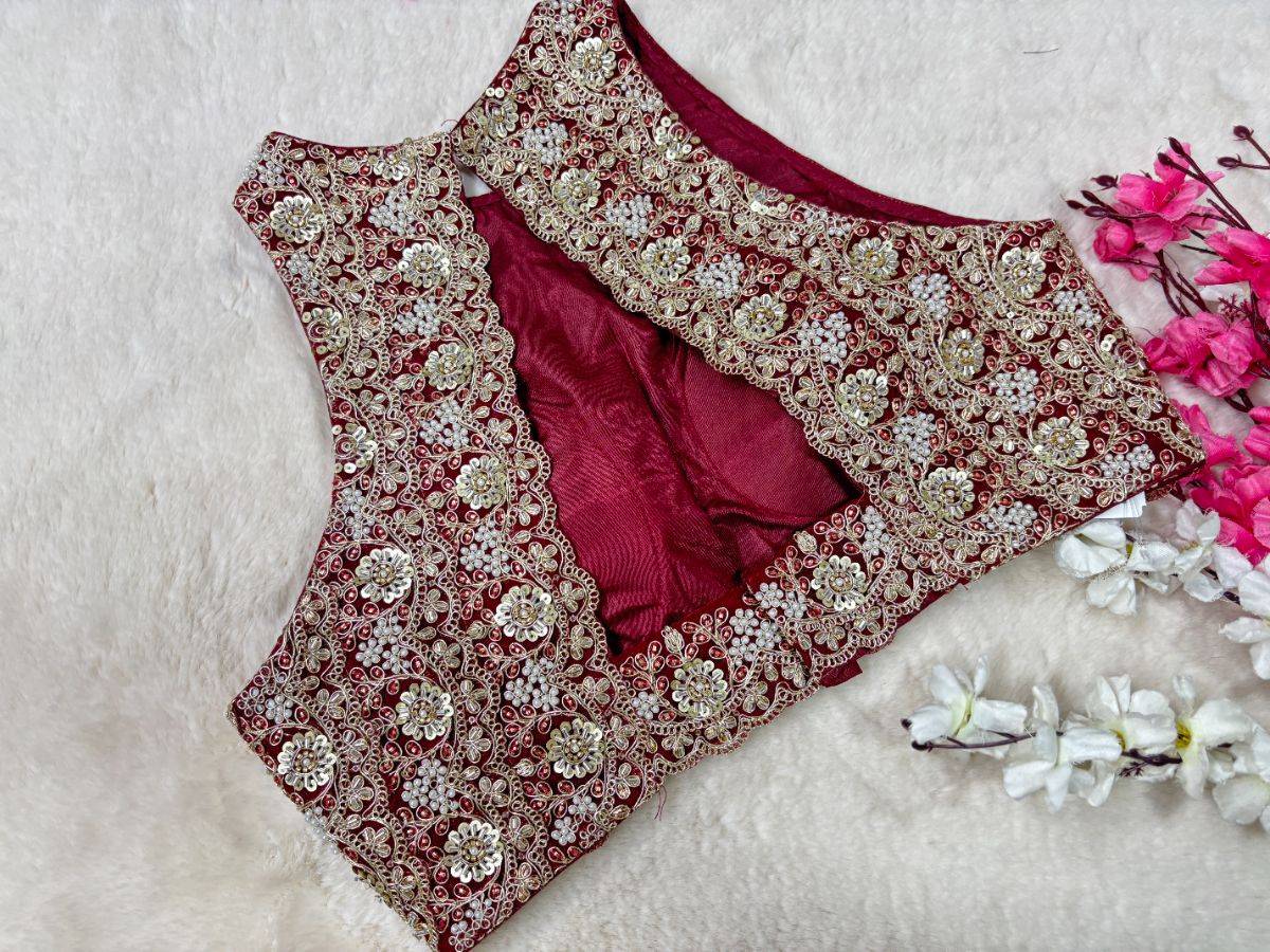 Maroon Heavy Embroidered Halter Neck Designer Blouse - View 2