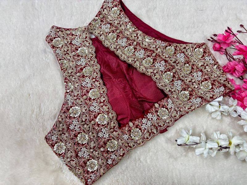 Maroon Maharani Embroidered Halter Neck Blouse - View 2