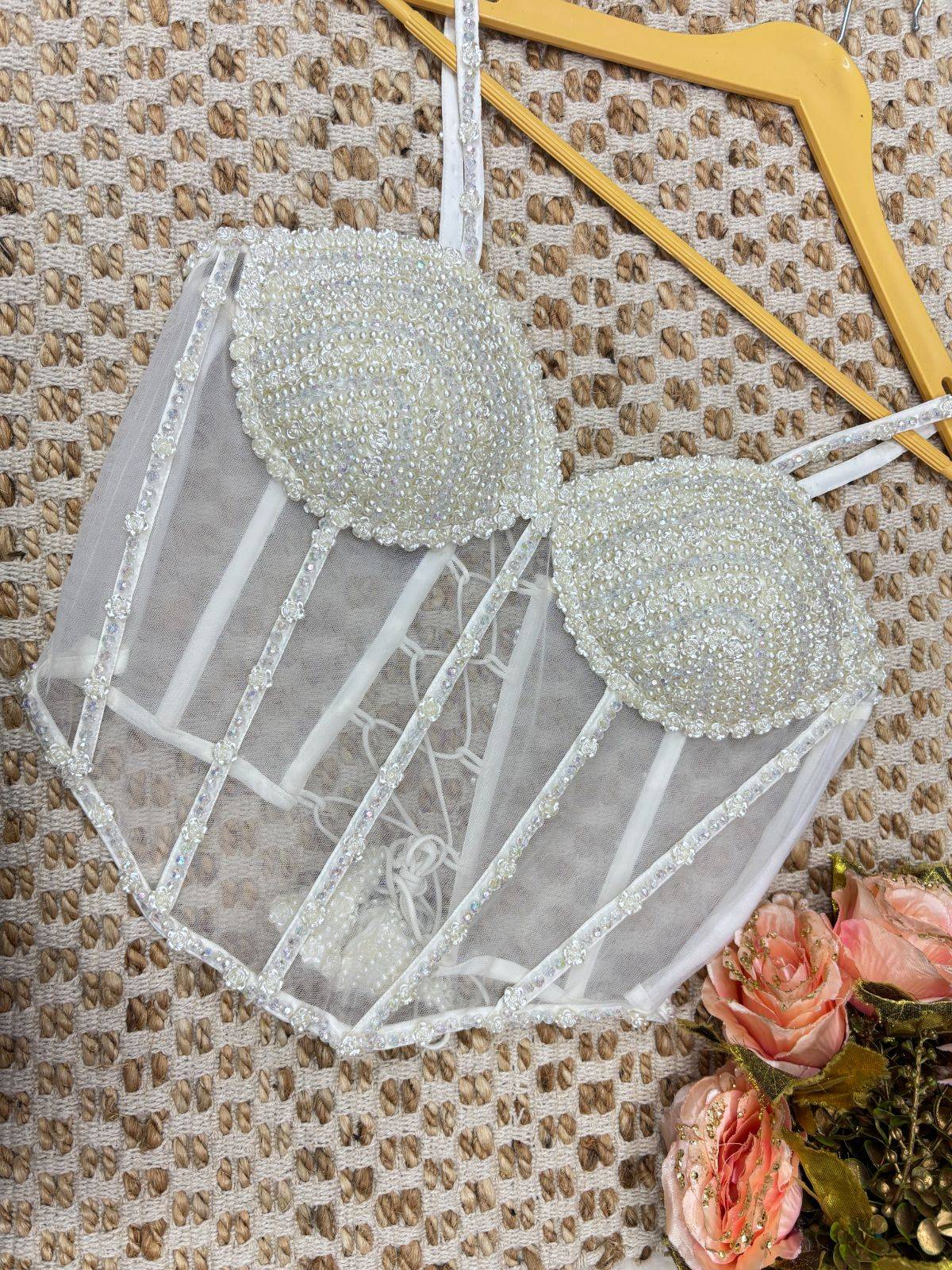 White Pearl Embellished Bridal Corset Top - View 1