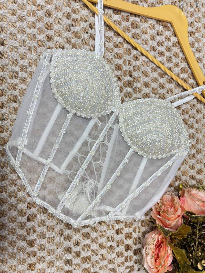 White Pearl Embellished Bridal Corset Top - View 1