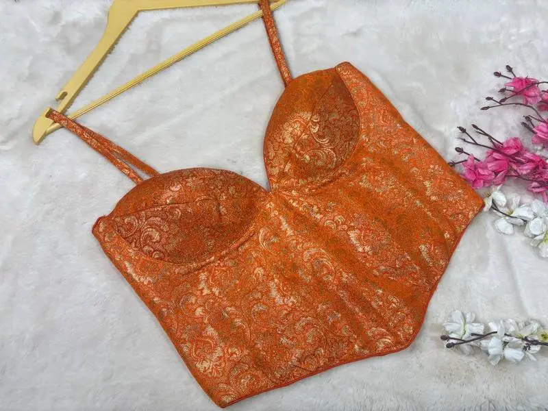 Sunset Zari Corset Blouse – Copper Orange Brocade Bustier Blouse - View 3