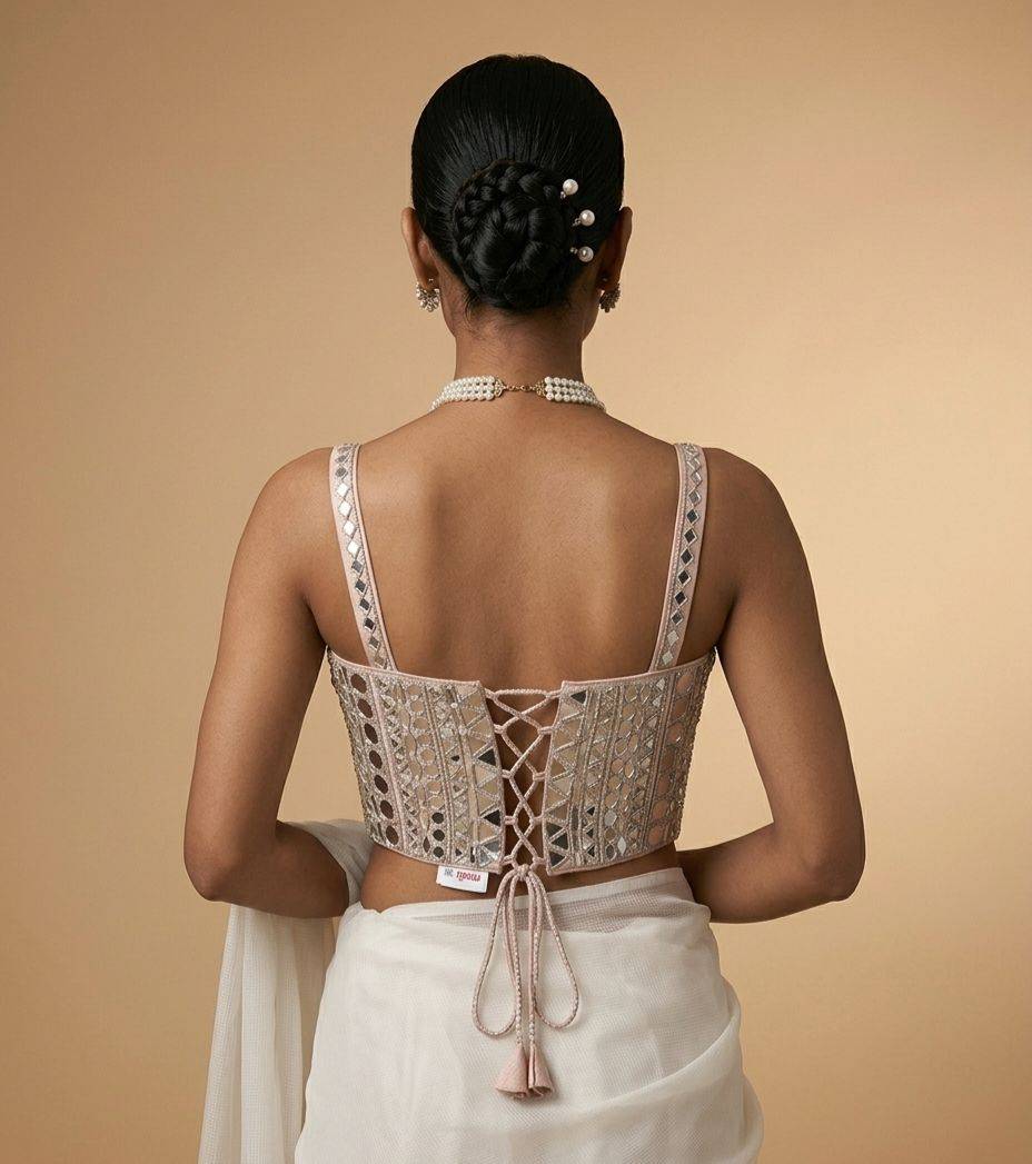 Blush Peach and Copper Mirrorwork Corset Blouse - View 2