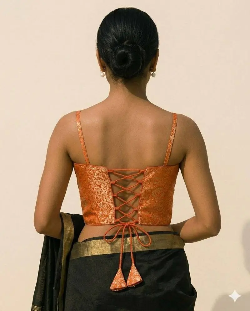 Sunset Zari Corset Blouse – Copper Orange Brocade Bustier Blouse - View 2