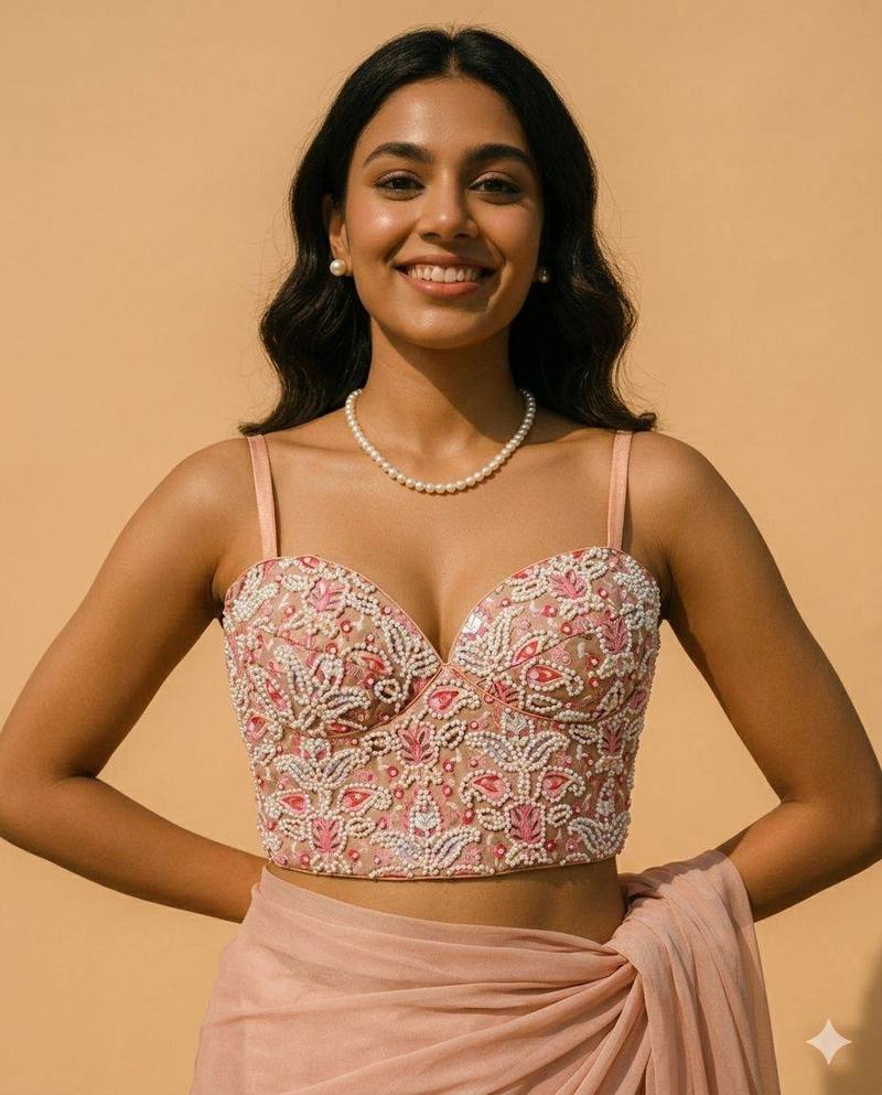 Hand Embellished Bustier Blouse with Pearl and Thread Work - View 1