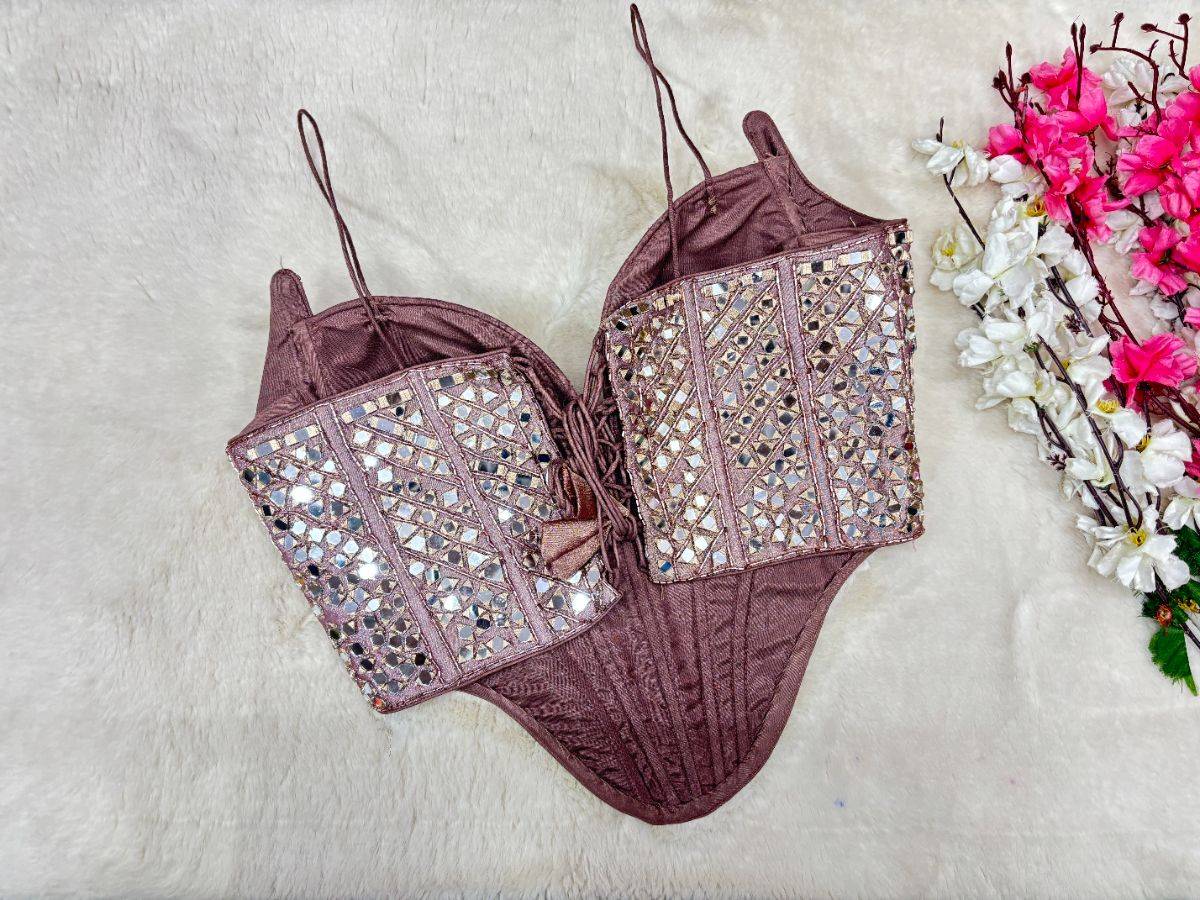 Blush Peach and Copper Mirrorwork Corset Blouse - View 6