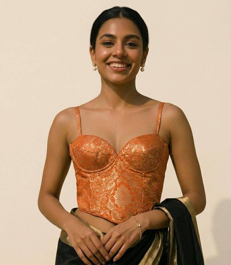 Sunset Zari Corset Blouse – Copper Orange Brocade Bustier Blouse - View 1