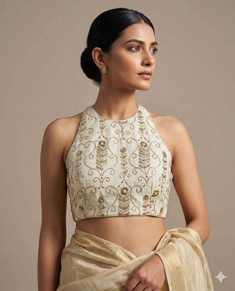 Ivory Embroidered Halter Neck Blouse - View 1