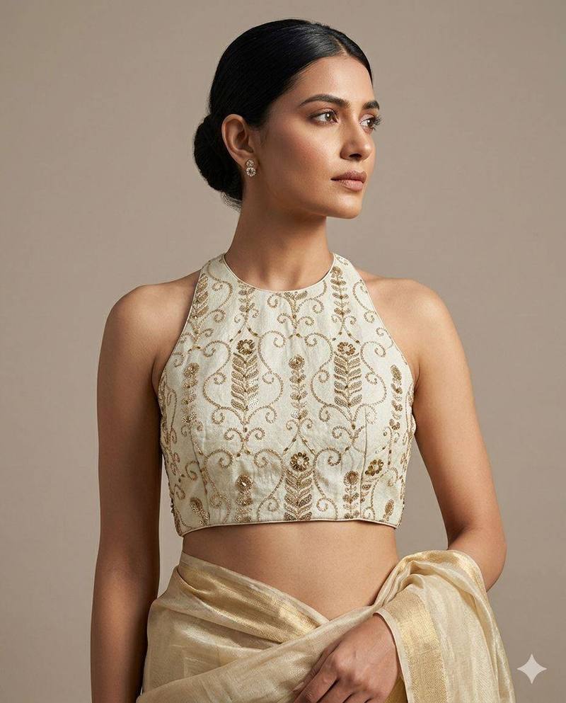 Ivory Embroidered Halter Neck Blouse - View 1
