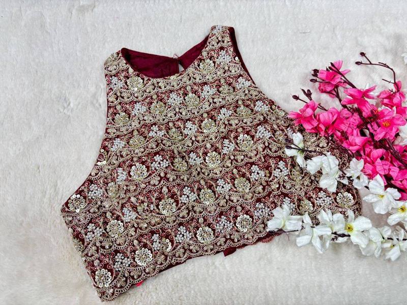 Maroon Maharani Embroidered Halter Neck Blouse - View 1