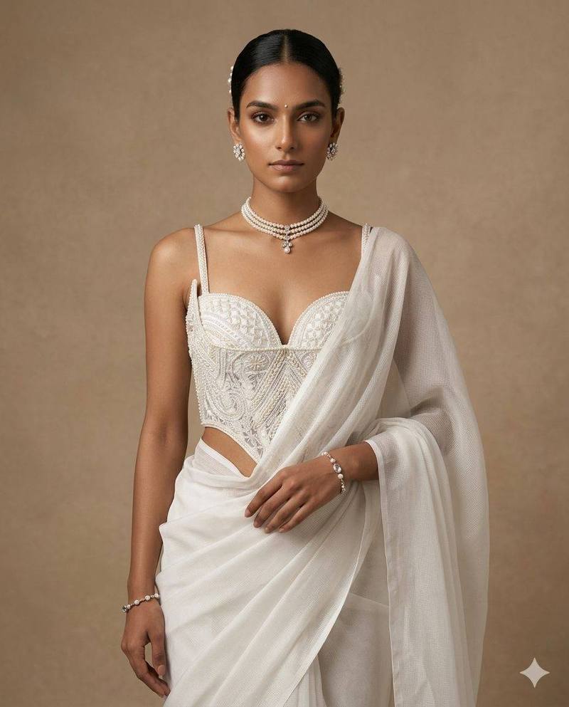 Pearl White Embroidered Corset Blouse - View 1