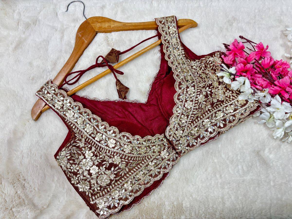 Gold Yellow Embroidered Silk Blend Blouse with Scalloped Neck - View 11