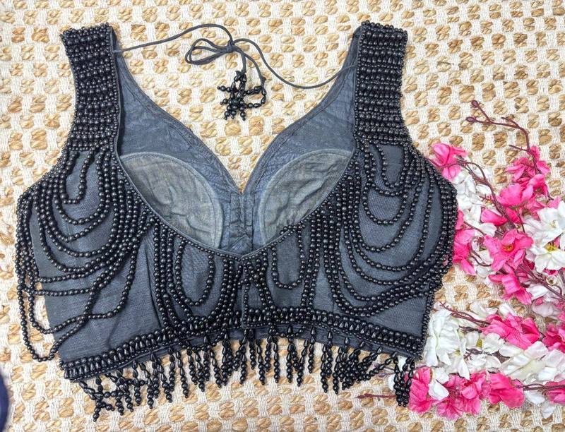 Noir Pearl Fringe Black Blouse - View 4