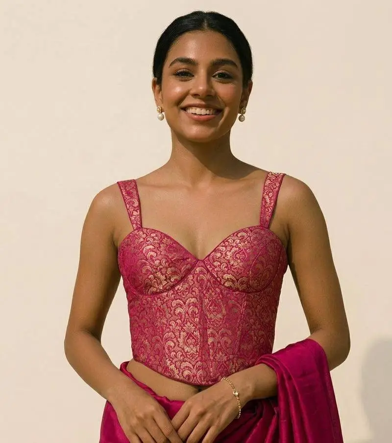Rani Pink Brocade Corset Blouse - View 1