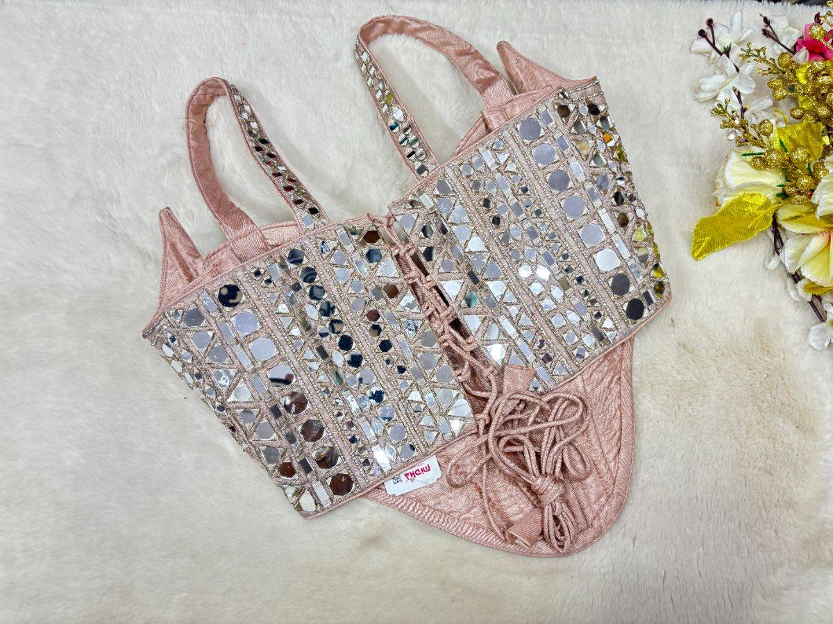 Blush Peach and Copper Mirrorwork Corset Blouse - View 4