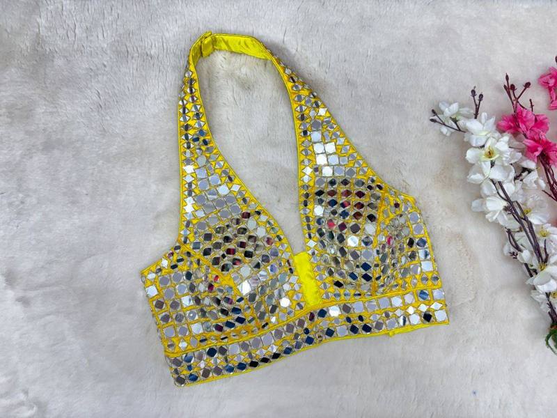 Yellow Halter Neck Mirrorwork Blouse - View 2