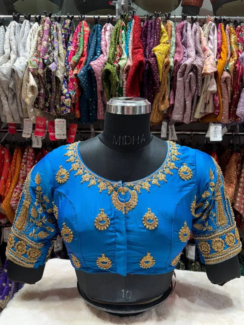 Royal Blue Embroidered Bridal Blouse - View 2