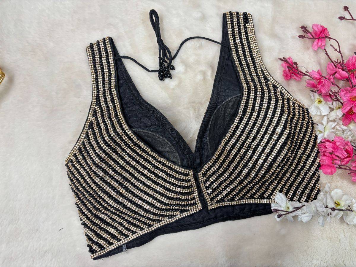 Black and Golden Stone Embellished V Neck Designer Blouse - View 4