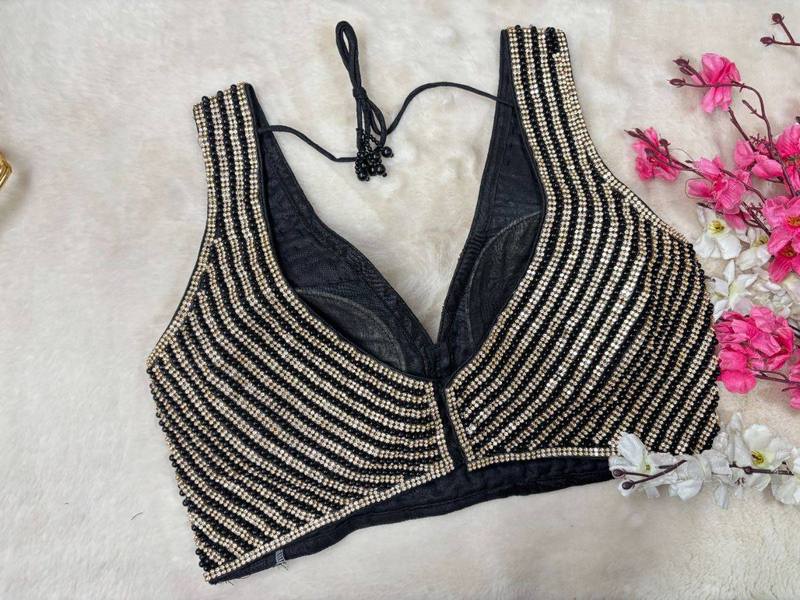 Black and Golden Stone Embellished V Neck Designer Blouse - View 4