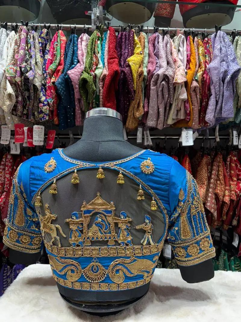 Royal Blue Embroidered Bridal Blouse - View 1