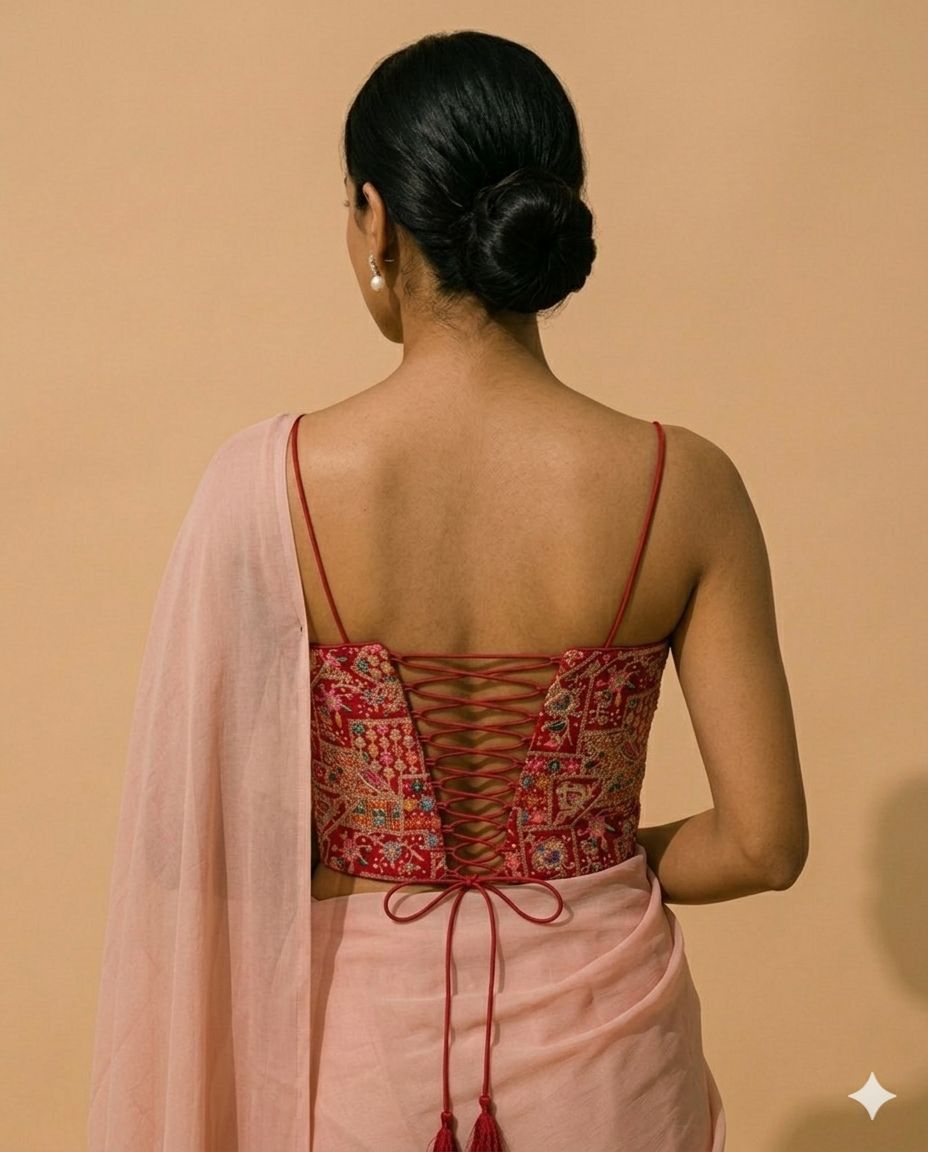 Red Hand-Embellished Corset Blouse with Multi-Color Threadwork - View 4