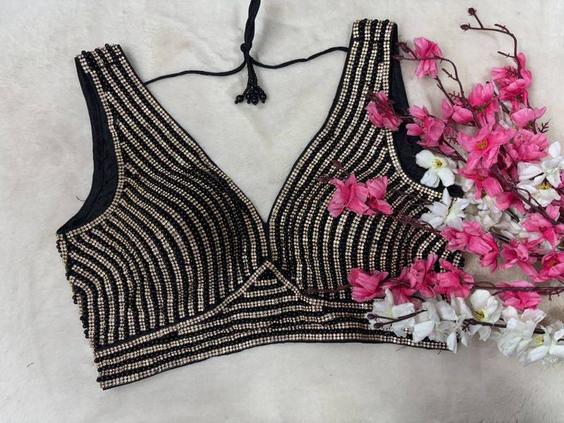 Black and Golden Stone Embellished V Neck Designer Blouse - View 3