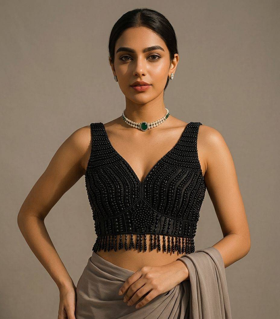 Noir Pearl Fringe Black Blouse - View 1