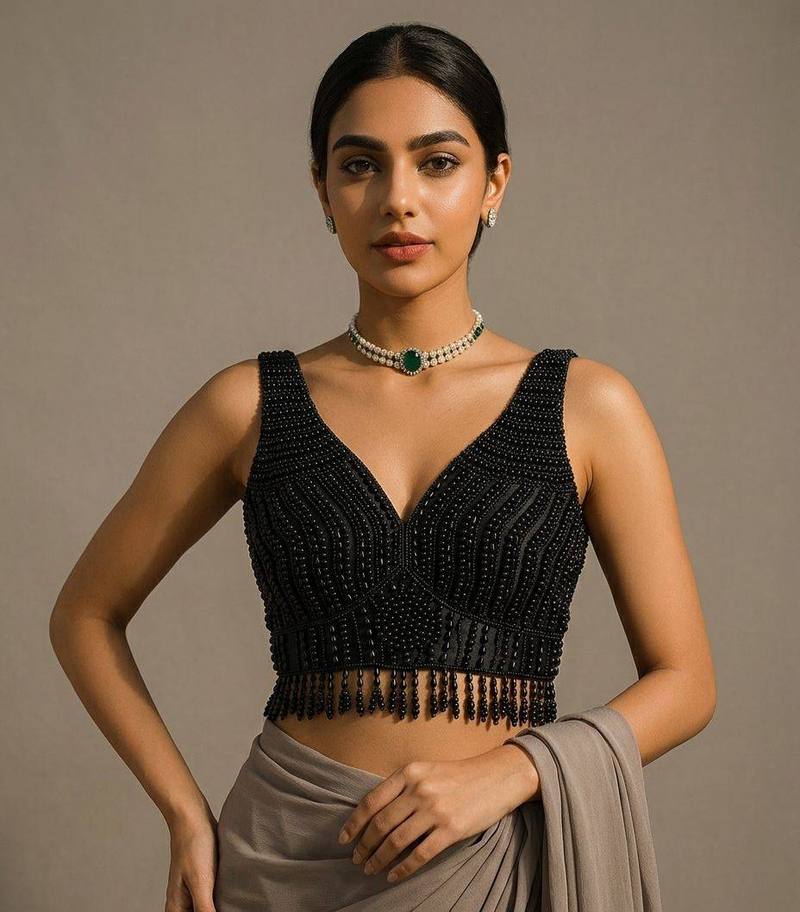 Noir Pearl Fringe Black Blouse - View 1