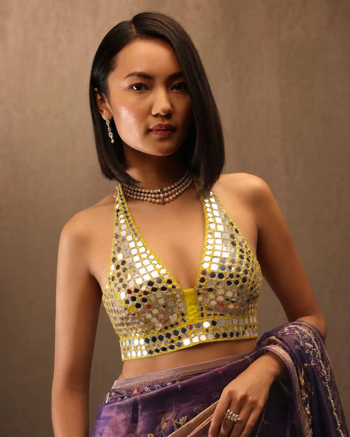 Yellow Halter Neck Mirrorwork Blouse