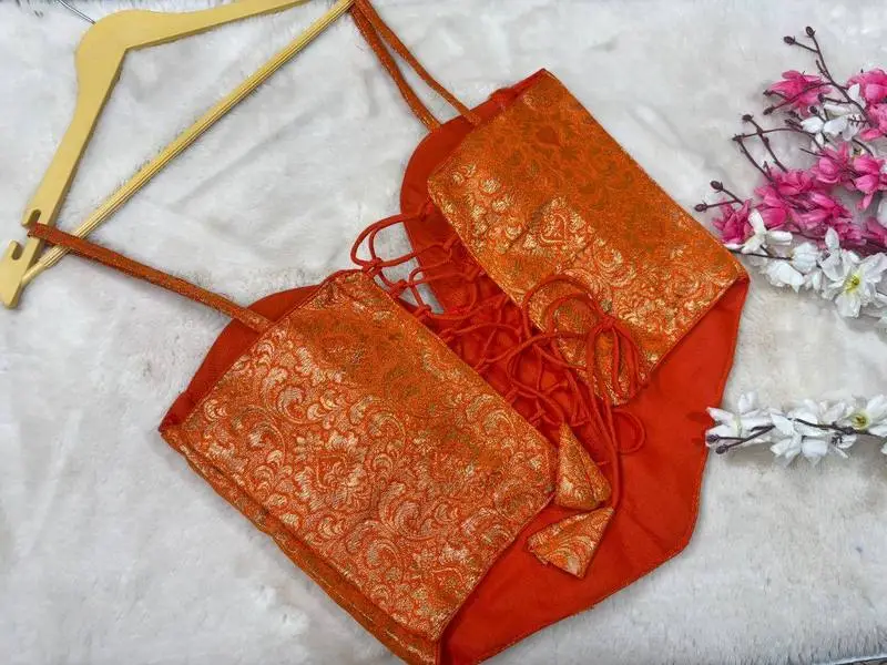 Sunset Zari Corset Blouse – Copper Orange Brocade Bustier Blouse - View 4