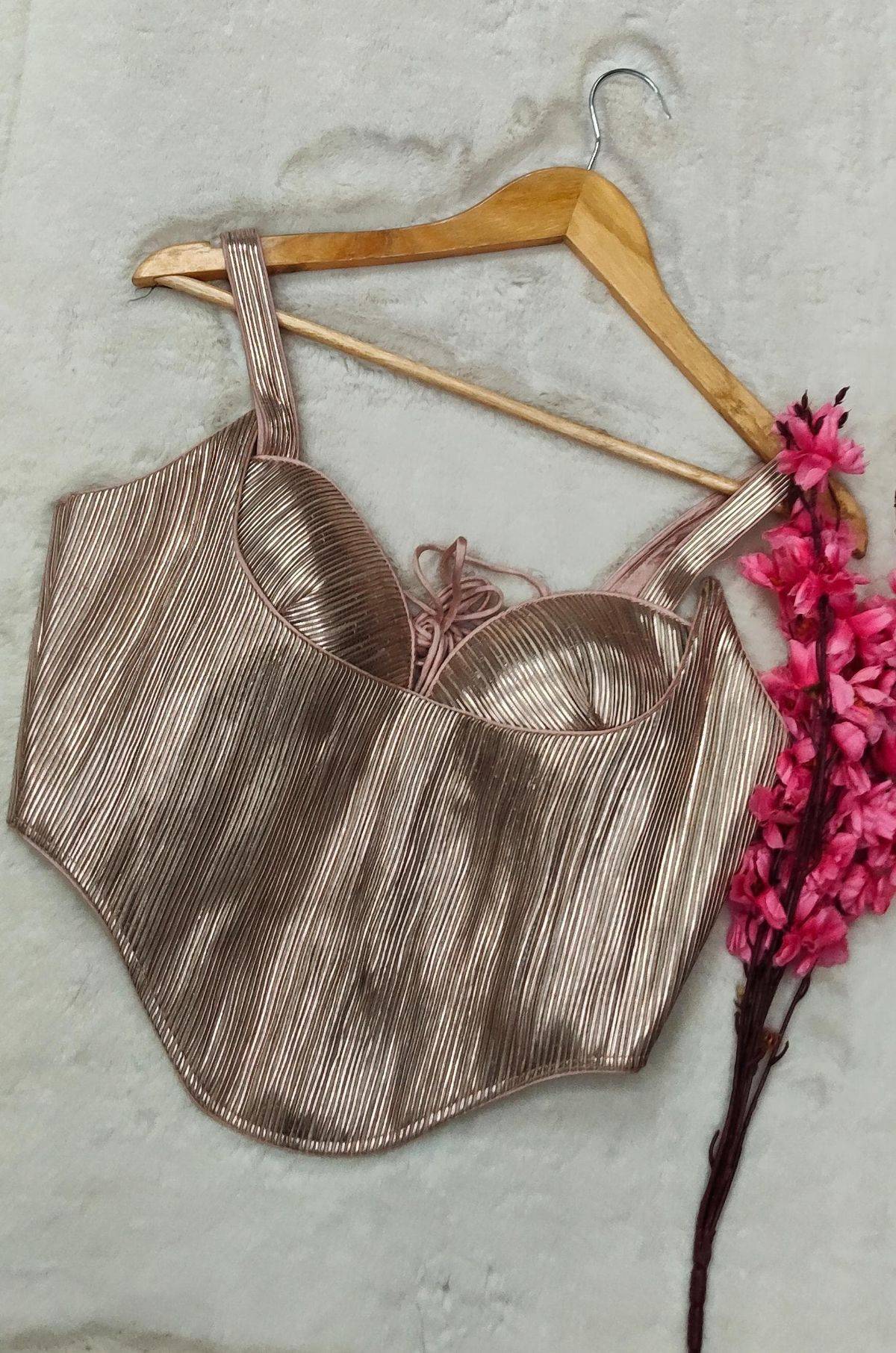 Rose Gold Pleated Corset Saree Blouse - View 3
