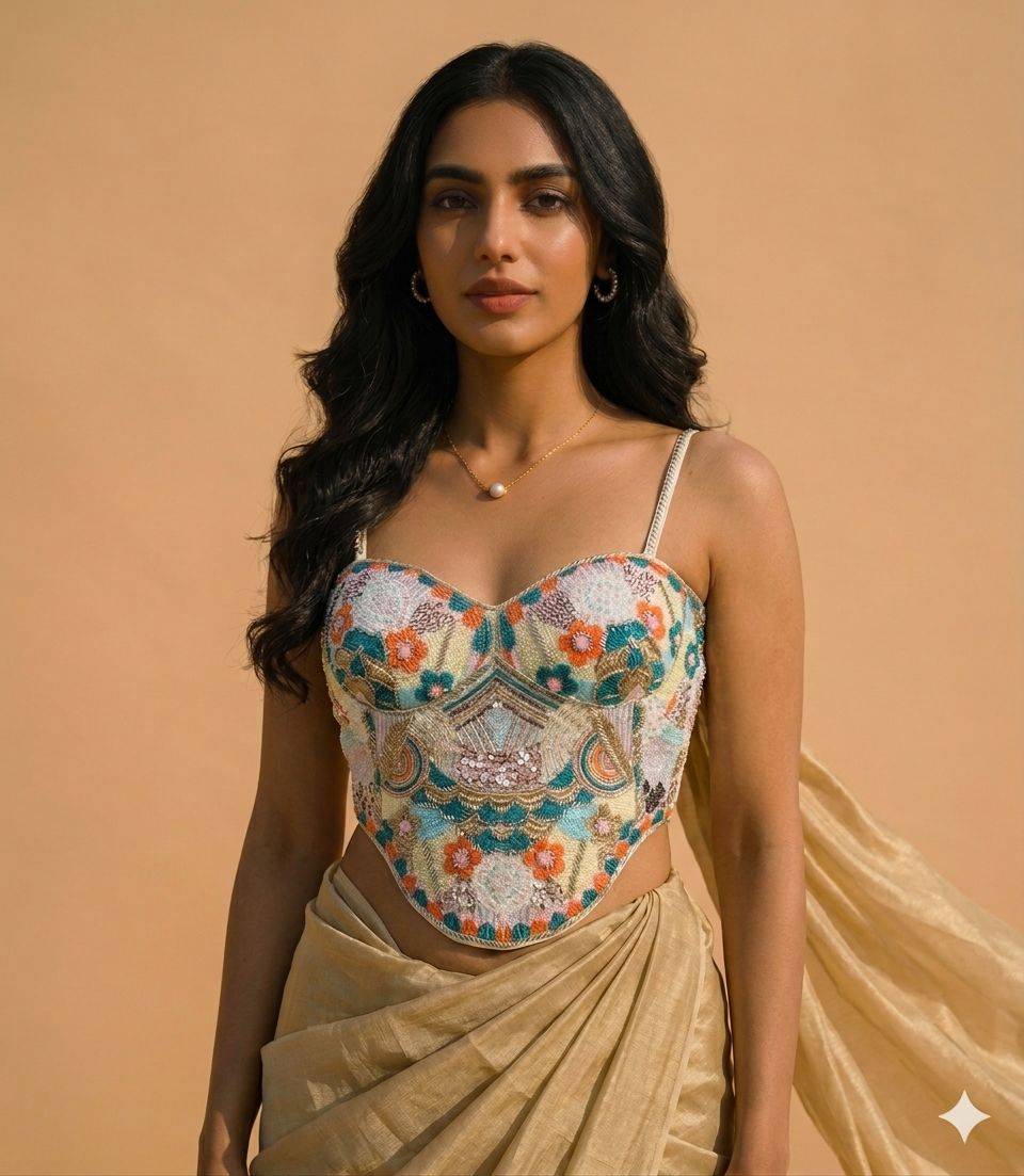 Hand-Embroidered Corset Blouse – Multicolor Floral Art - View 2