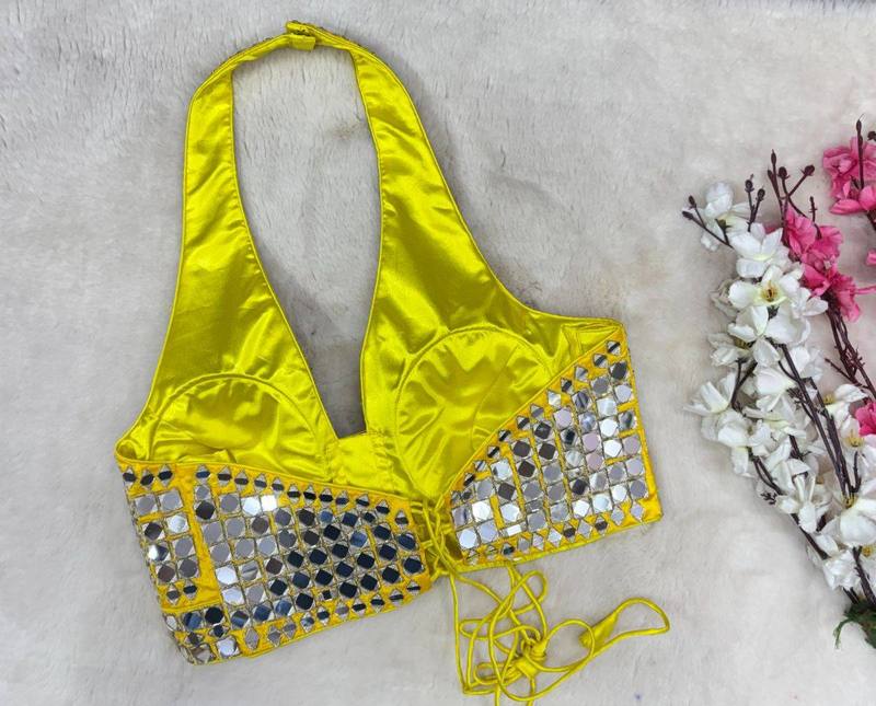 Yellow Halter Neck Mirrorwork Blouse - View 3