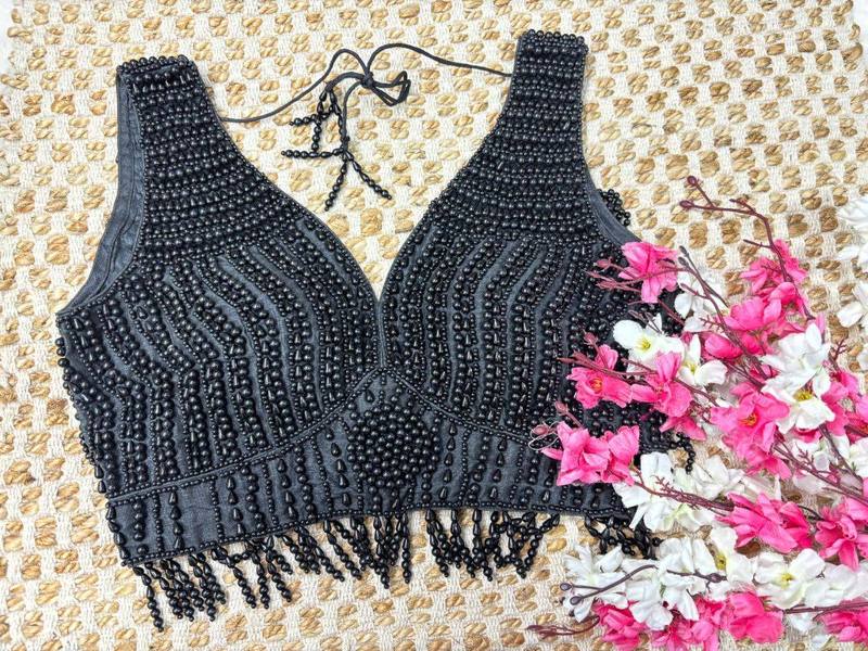 Noir Pearl Fringe Black Blouse - View 3