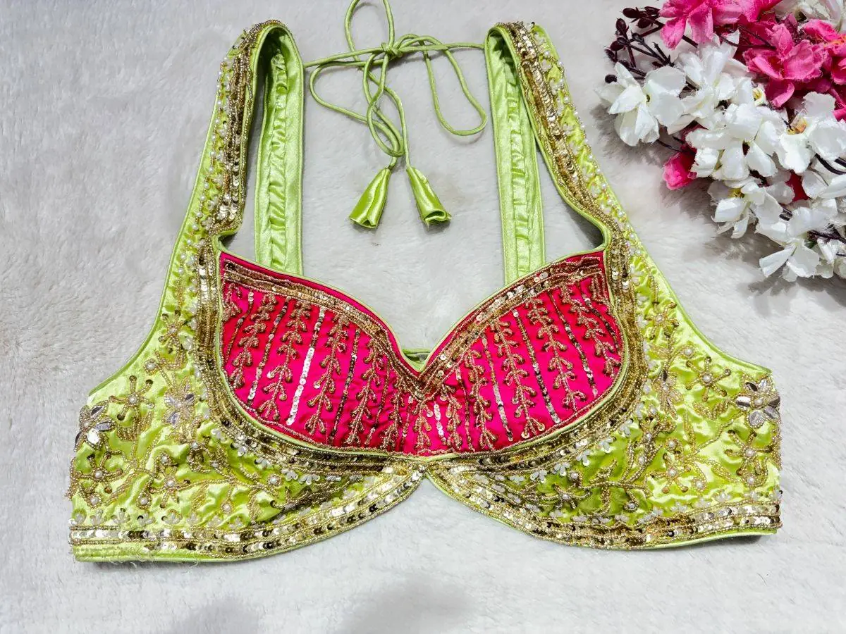 Rangrez Lime & Rani Pink Embellished Blouse - View 3