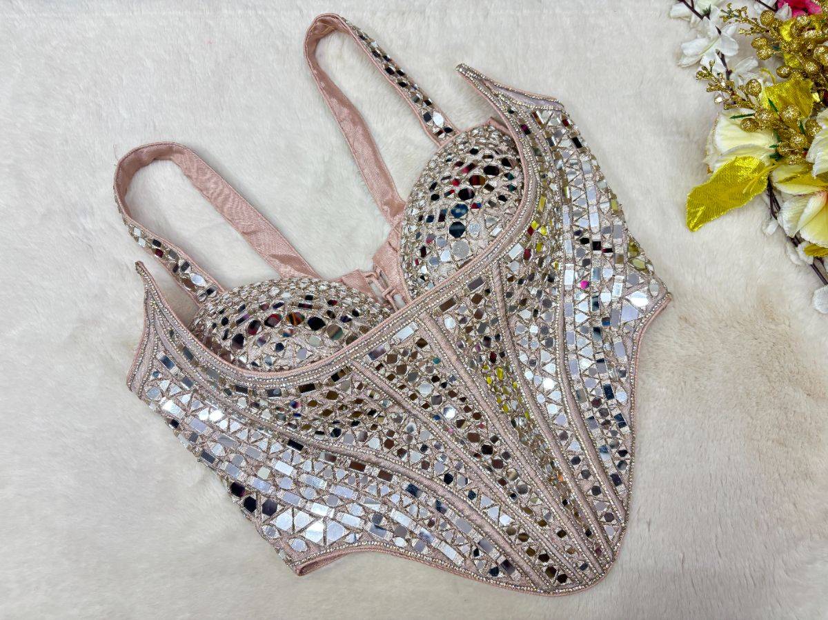 Blush Peach and Copper Mirrorwork Corset Blouse - View 3