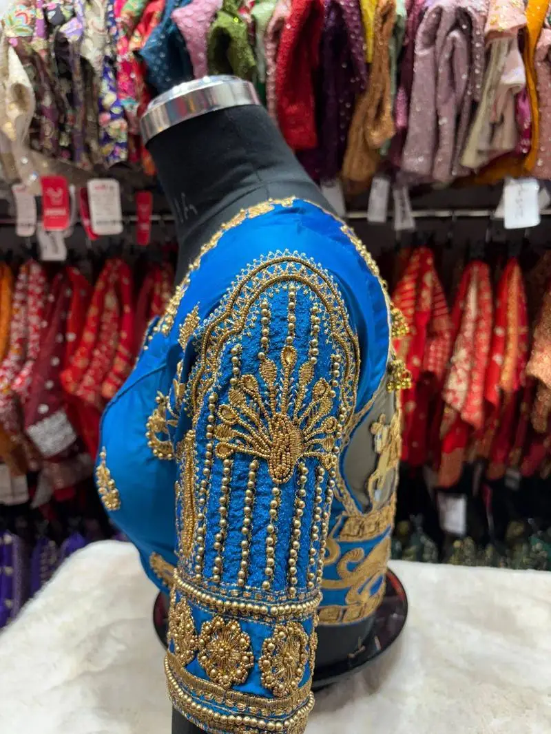 Royal Blue Embroidered Bridal Blouse - View 3
