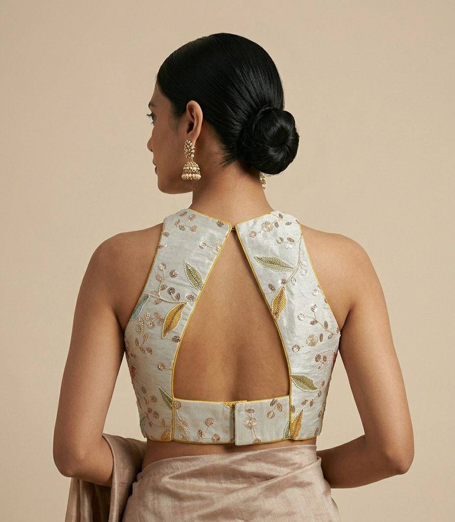 Pastel Bloom Hand-Embroidered Halter Neck Blouse for Sarees & Lehengas - View 2