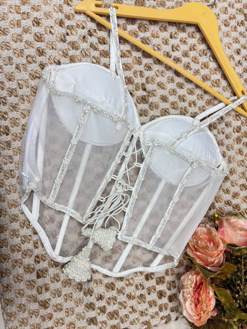 White Pearl Embellished Bridal Corset Top - View 2