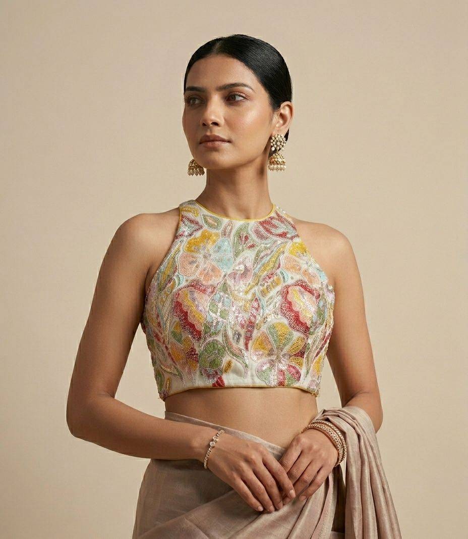 Pastel Bloom Hand-Embroidered Halter Neck Blouse for Sarees & Lehengas - View 1