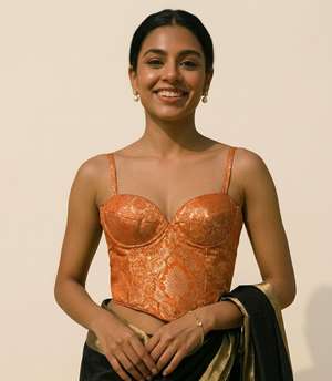 Sunset Zari Corset Blouse – Copper Orange Brocade Bustier Blouse