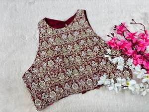 Maroon Heavy Embroidered Halter Neck Designer Blouse