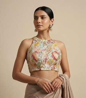 Pastel Bloom Hand-Embroidered Halter Neck Blouse for Sarees & Lehengas